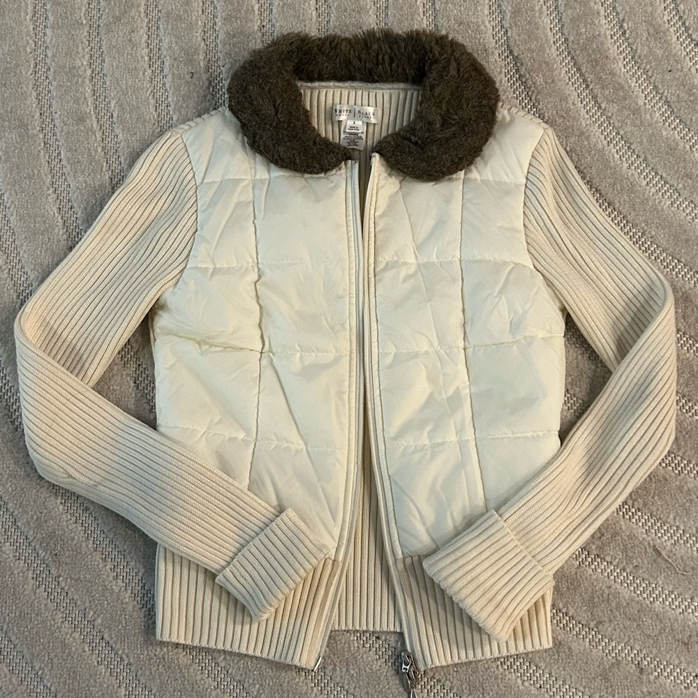 White House and Black Market Quilted Puffer Knit Jacket with Fur Collar - S